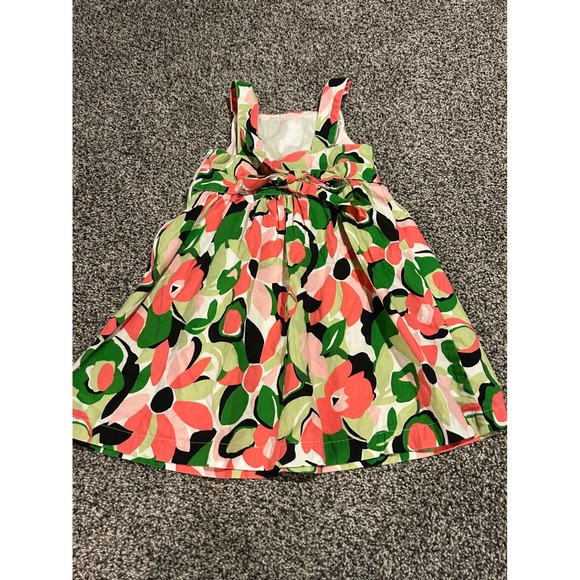 Cc15 Gymboree Girls Dress Size 3 Floral Print Coral Green Bow Back Cotton - Picture 2 of 3